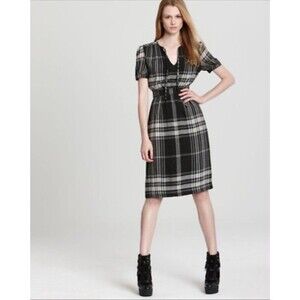 Burberry Brit Women’s Nova Check Dress Tie Neck Short Sleeve Black Gray Size 6